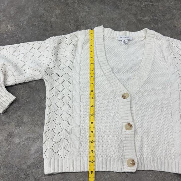 Calligraphie Womens Medium White Cotton Blend Button Up Cardigan Sweater Cropped - Picture 7 of 9